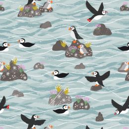 Puffin Bay Lewis & Irene Fabric | Puffins On Rocks Light Blue