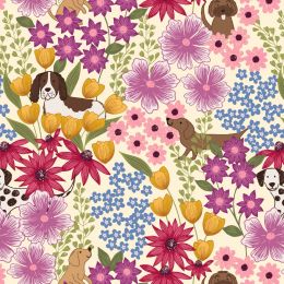 Paws & Claws Lewis & Irene Fabric | Dog In Flowers On Cream