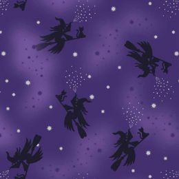 Cast A Spell Lewis & Irene Fabric | Flying Witches Purple Silver Metallic
