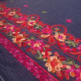 Embroidered Denim Fabric Border | Hot Floral Stripes