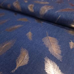 Sparkling Chambray Fabric | Gold Metallic Feathers
