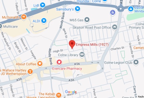 Map showing Empress Mills in Colne. Open in Google Maps